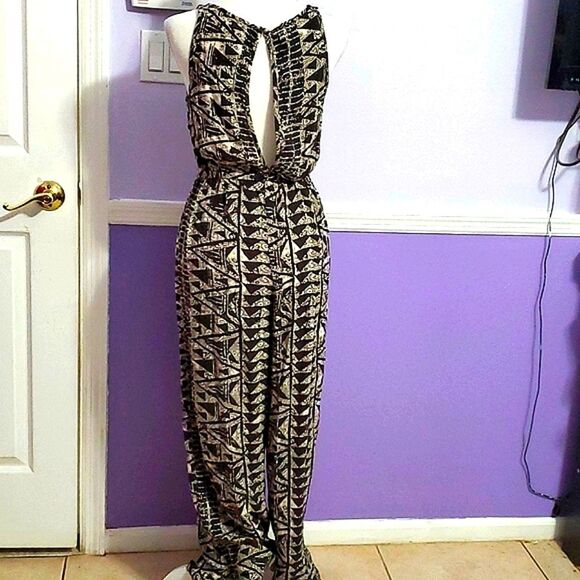 Mossimo Black & Cream Boho Geometric Print Sleeveless Wide Leg Jumpsuit - Picture 6 of 10